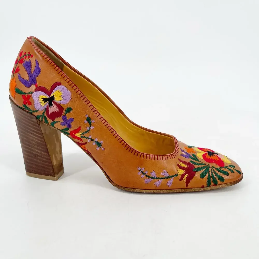 Miu Miu Vintage Tan Leather Floral Embroidered Square Toe Block Heel Pumps IT 36 - Picture 2 of 10